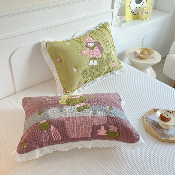 91家纺网 家纺一手货源 找家纺 朴尔家纺-毛巾被 2025新款韩版花边卡通水洗起皱纯棉四层纱布枕巾单枕巾枕巾单件 精灵女孩 52x78cm枕巾一对