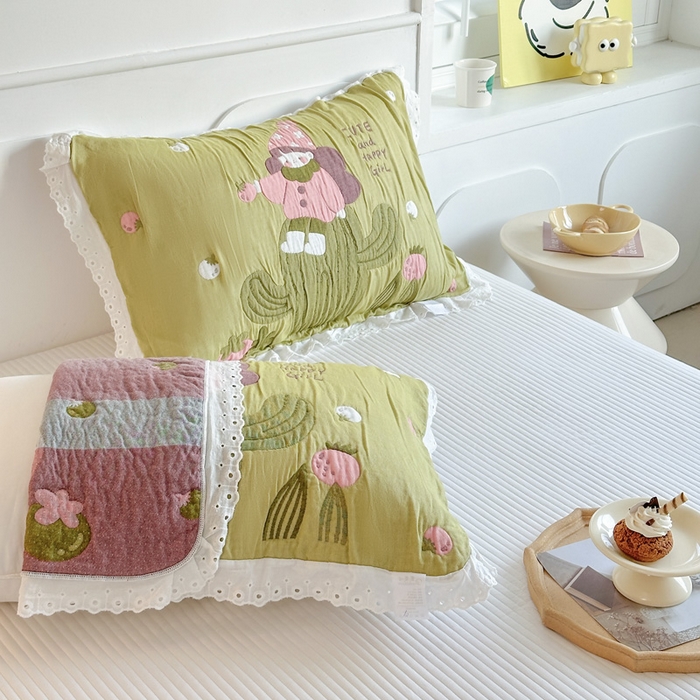 91家纺网 家纺一手货源 找家纺 朴尔家纺-毛巾被 2025新款韩版花边卡通水洗起皱纯棉四层纱布枕巾单枕巾枕巾单件 精灵女孩 52x78cm枕巾一对