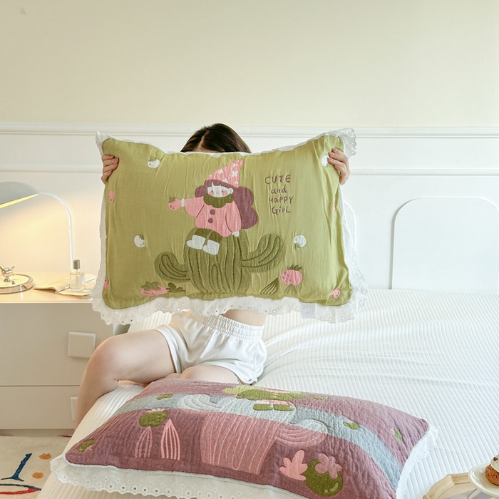 91家纺网 家纺一手货源 找家纺 朴尔家纺-毛巾被 2025新款韩版花边卡通水洗起皱纯棉四层纱布枕巾单枕巾枕巾单件 精灵女孩 52x78cm枕巾一对