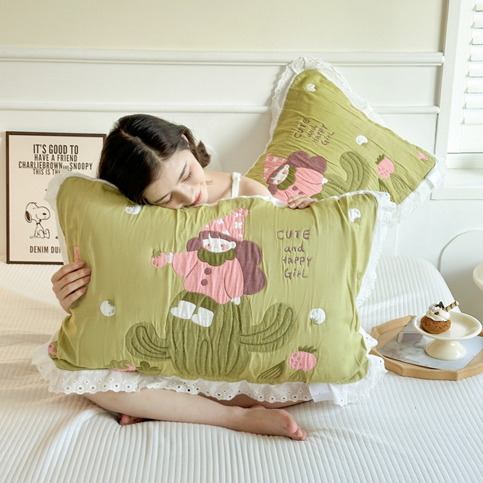 91家纺网 家纺一手货源 找家纺 朴尔家纺-毛巾被 2025新款韩版花边卡通水洗起皱纯棉四层纱布枕巾单枕巾枕巾单件 精灵女孩 52x78cm枕巾一对