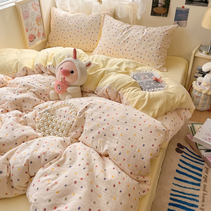 91家纺网 家纺一手货源 找家纺 卡迪熊家纺 2025新款水洗双层纱双拼碎花四件套 彩色波点