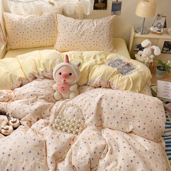 91家纺网 家纺一手货源 找家纺 卡迪熊家纺 2025新款水洗双层纱双拼碎花四件套 彩色波点