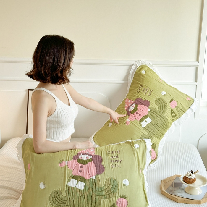 91家纺网 家纺一手货源 找家纺 朴尔家纺-毛巾被 2025新款韩版花边卡通水洗起皱纯棉四层纱布枕巾单枕巾枕巾单件 精灵女孩 52x78cm枕巾一对