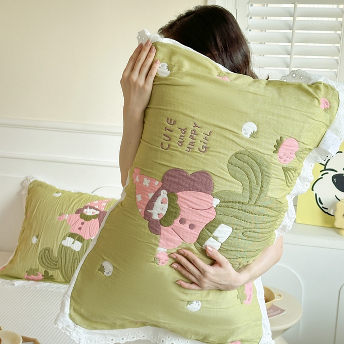 91家纺网 家纺一手货源 找家纺 朴尔家纺-毛巾被 2025新款韩版花边卡通水洗起皱纯棉四层纱布枕巾单枕巾枕巾单件 精灵女孩 52x78cm枕巾一对