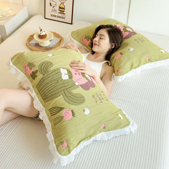 91家纺网 家纺一手货源 找家纺 朴尔家纺-毛巾被 2025新款韩版花边卡通水洗起皱纯棉四层纱布枕巾单枕巾枕巾单件 精灵女孩 52x78cm枕巾一对