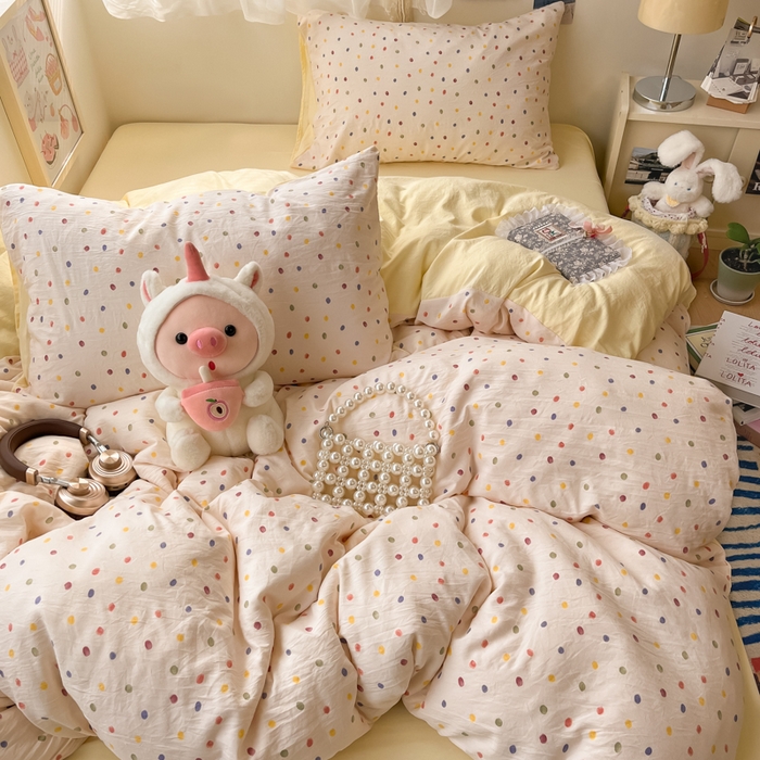 91家纺网 家纺一手货源 找家纺 卡迪熊家纺 2025新款水洗双层纱双拼碎花四件套 彩色波点