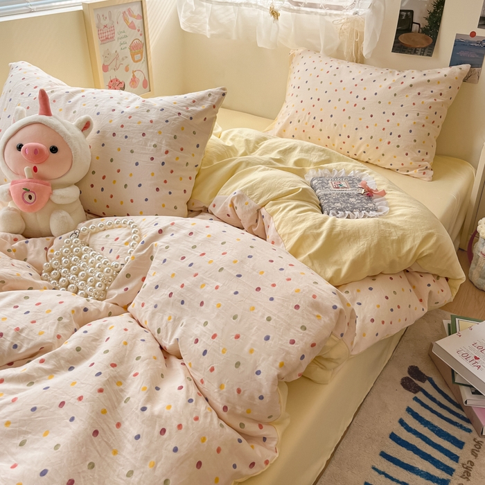 91家纺网 家纺一手货源 找家纺 卡迪熊家纺 2025新款水洗双层纱双拼碎花四件套 彩色波点