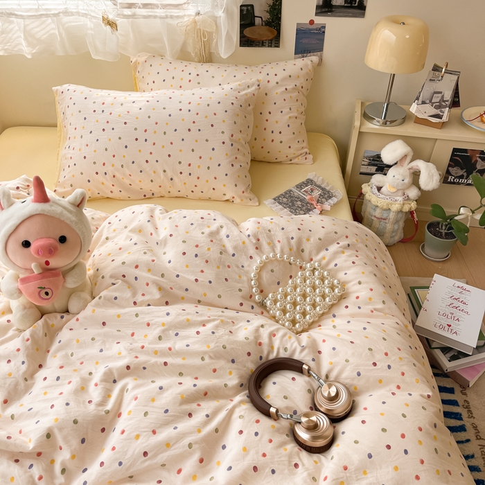 91家纺网 家纺一手货源 找家纺 卡迪熊家纺 2025新款水洗双层纱双拼碎花四件套 彩色波点