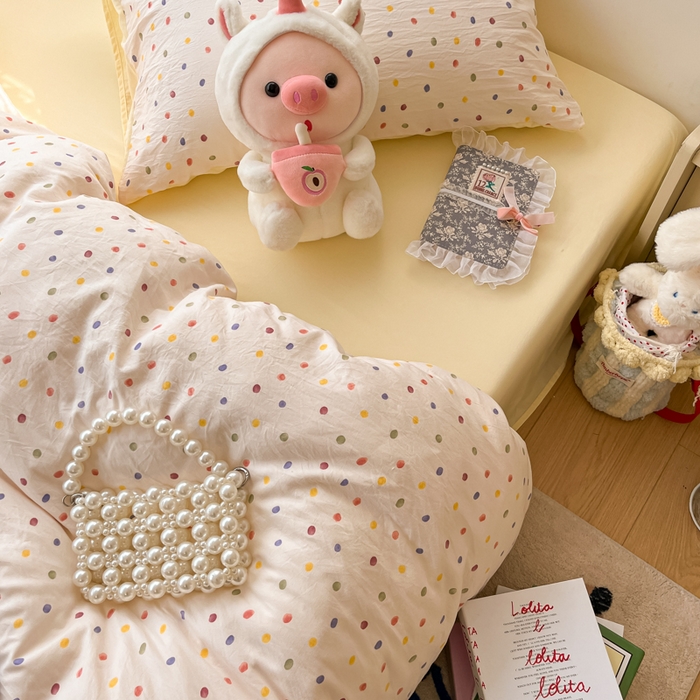 91家纺网 家纺一手货源 找家纺 卡迪熊家纺 2025新款水洗双层纱双拼碎花四件套 彩色波点