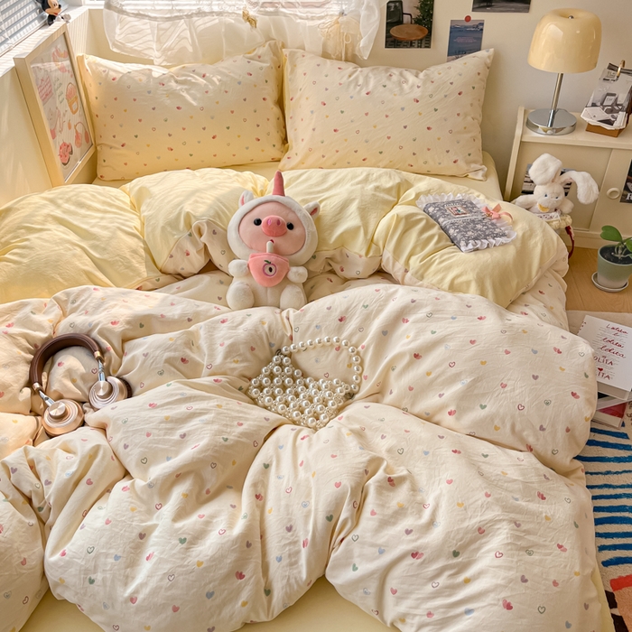 91家纺网 家纺一手货源 找家纺 卡迪熊家纺 2025新款水洗双层纱双拼碎花四件套 多彩心情