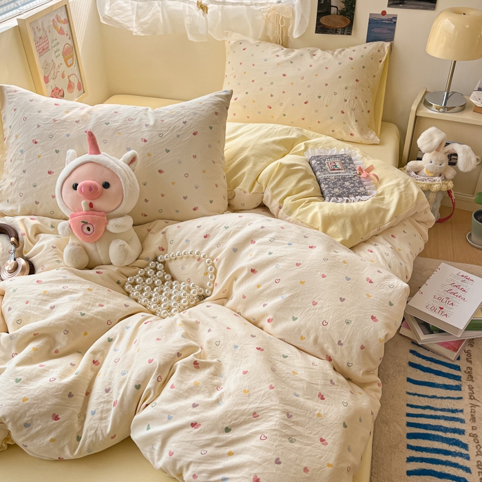 91家纺网 家纺一手货源 找家纺 卡迪熊家纺 2025新款水洗双层纱双拼碎花四件套 多彩心情