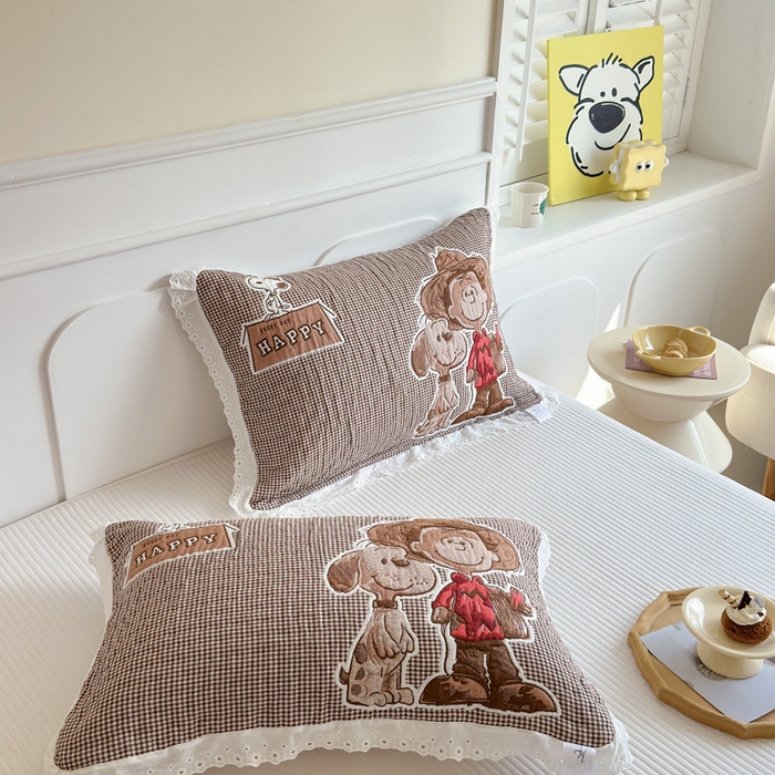 91家纺网 家纺一手货源 找家纺 朴尔家纺-毛巾被 2025新款韩版花边卡通水洗起皱纯棉四层纱布枕巾单枕巾枕巾单件 溜溜呀 52x78cm枕巾一对