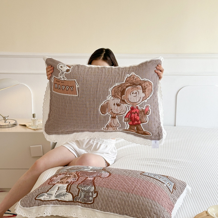 91家纺网 家纺一手货源 找家纺 朴尔家纺-毛巾被 2025新款韩版花边卡通水洗起皱纯棉四层纱布枕巾单枕巾枕巾单件 溜溜呀 52x78cm枕巾一对