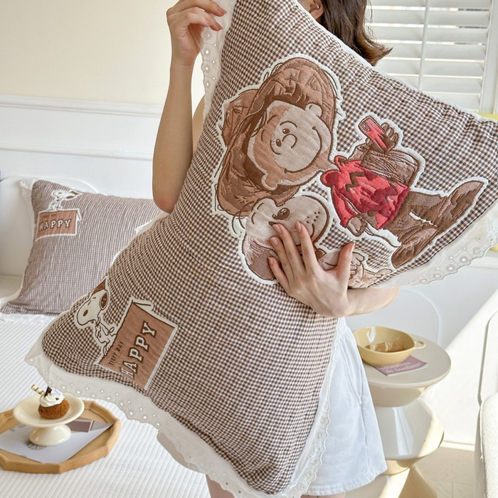 91家纺网 家纺一手货源 找家纺 朴尔家纺-毛巾被 2025新款韩版花边卡通水洗起皱纯棉四层纱布枕巾单枕巾枕巾单件 溜溜呀 52x78cm枕巾一对