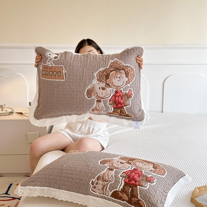 91家纺网 家纺一手货源 找家纺 朴尔家纺-毛巾被 2025新款韩版花边卡通水洗起皱纯棉四层纱布枕巾单枕巾枕巾单件 溜溜呀 52x78cm枕巾一对