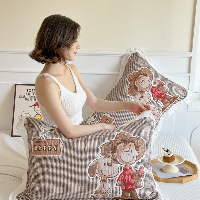 91家纺网 家纺一手货源 找家纺 朴尔家纺-毛巾被 2025新款韩版花边卡通水洗起皱纯棉四层纱布枕巾单枕巾枕巾单件 溜溜呀 52x78cm枕巾一对