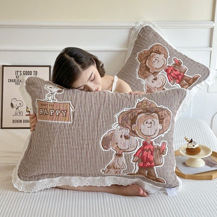 91家纺网 家纺一手货源 找家纺 朴尔家纺-毛巾被 2025新款韩版花边卡通水洗起皱纯棉四层纱布枕巾单枕巾枕巾单件 溜溜呀 52x78cm枕巾一对