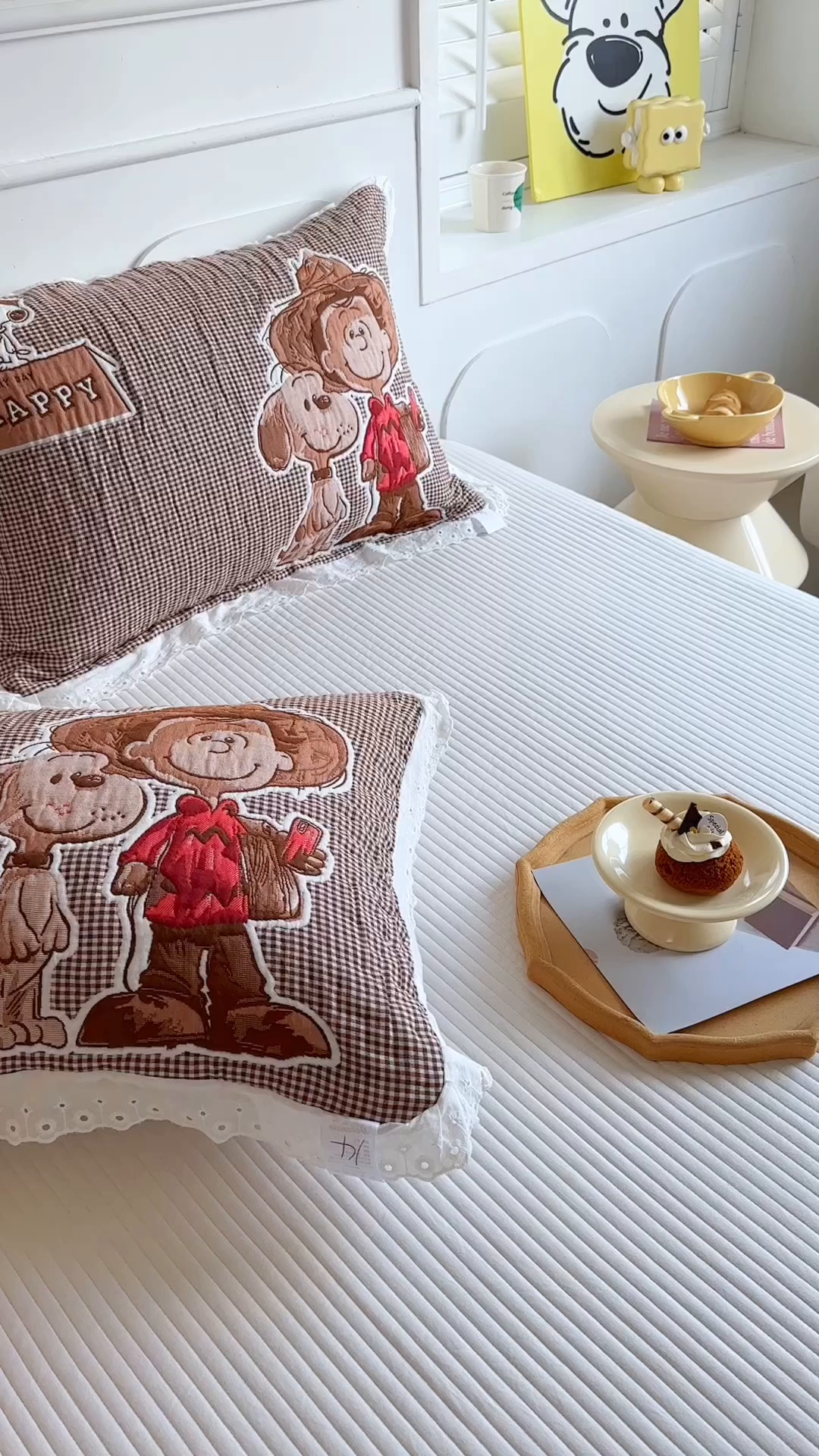 91家纺网 家纺一手货源 找家纺 朴尔家纺-毛巾被 2025新款韩版花边卡通水洗起皱纯棉四层纱布枕巾单枕巾枕巾单件 溜溜呀 52x78cm枕巾一对