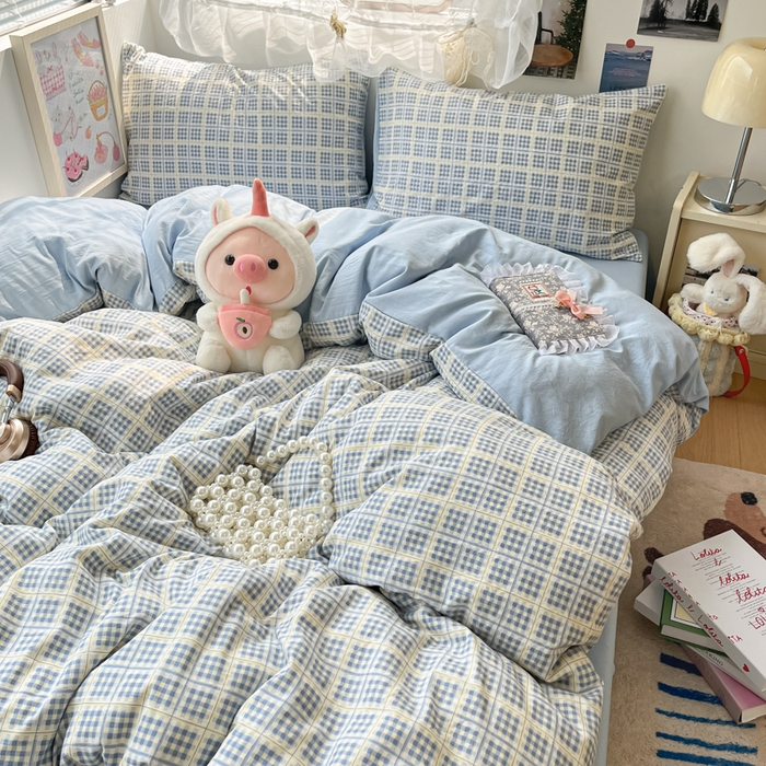 91家纺网 家纺一手货源 找家纺 卡迪熊家纺 2025新款水洗双层纱双拼碎花四件套 分格棋盘