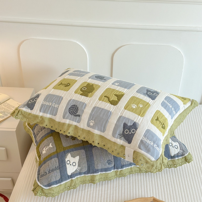 91家纺网 家纺一手货源 找家纺 朴尔家纺-毛巾被 2025新款韩版花边卡通水洗起皱纯棉四层纱布枕巾单枕巾枕巾单件 猫猫九宫格 52x78cm枕巾一对