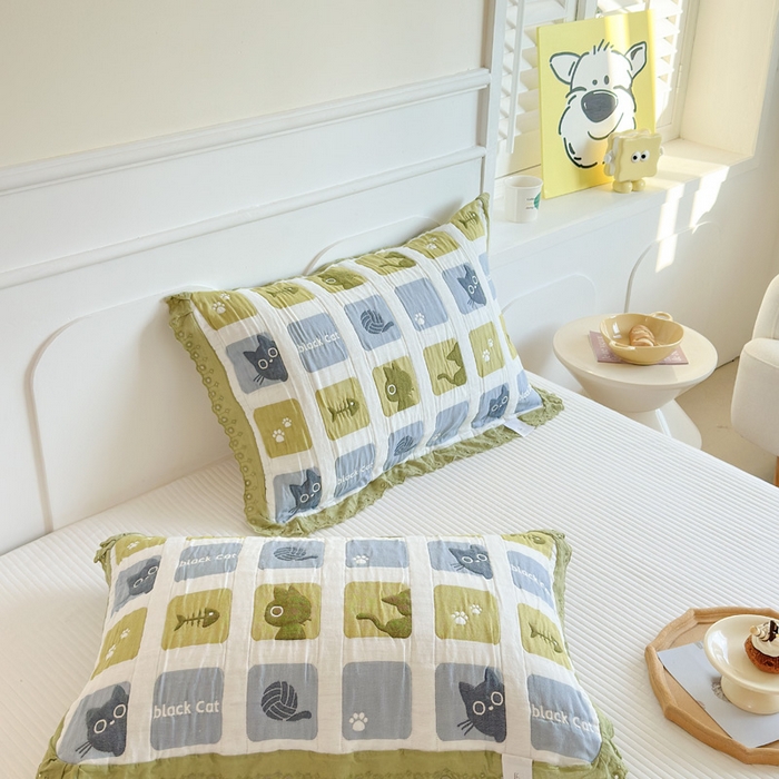 91家纺网 家纺一手货源 找家纺 朴尔家纺-毛巾被 2025新款韩版花边卡通水洗起皱纯棉四层纱布枕巾单枕巾枕巾单件 猫猫九宫格 52x78cm枕巾一对