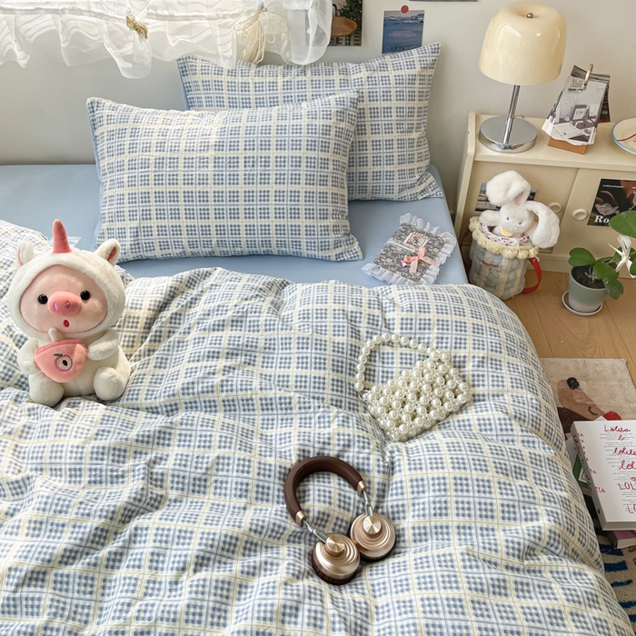 91家纺网 家纺一手货源 找家纺 卡迪熊家纺 2025新款水洗双层纱双拼碎花四件套 分格棋盘