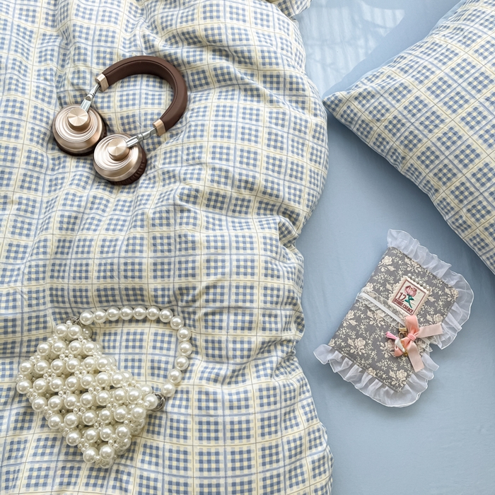 91家纺网 家纺一手货源 找家纺 卡迪熊家纺 2025新款水洗双层纱双拼碎花四件套 分格棋盘