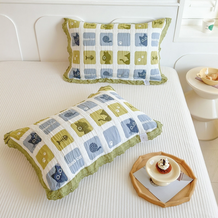 91家纺网 家纺一手货源 找家纺 朴尔家纺-毛巾被 2025新款韩版花边卡通水洗起皱纯棉四层纱布枕巾单枕巾枕巾单件 猫猫九宫格 52x78cm枕巾一对