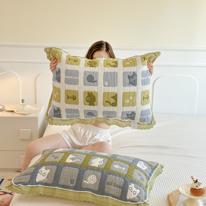 91家纺网 家纺一手货源 找家纺 朴尔家纺-毛巾被 2025新款韩版花边卡通水洗起皱纯棉四层纱布枕巾单枕巾枕巾单件 猫猫九宫格 52x78cm枕巾一对