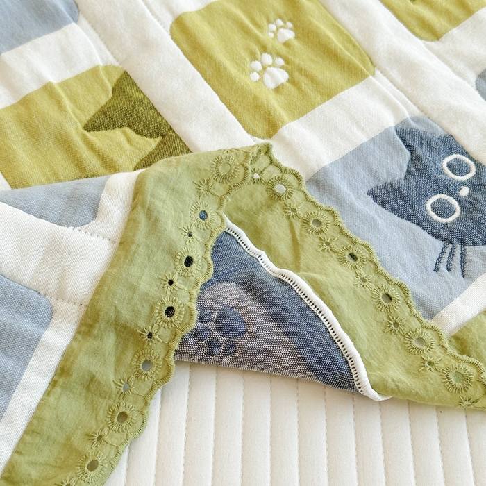 91家纺网 家纺一手货源 找家纺 朴尔家纺-毛巾被 2025新款韩版花边卡通水洗起皱纯棉四层纱布枕巾单枕巾枕巾单件 猫猫九宫格 52x78cm枕巾一对