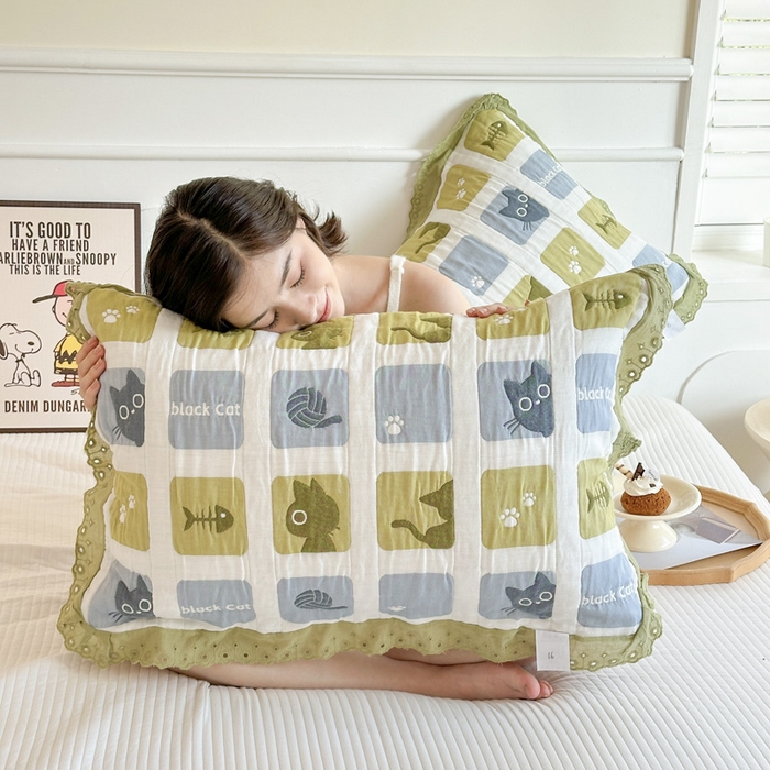 91家纺网 家纺一手货源 找家纺 朴尔家纺-毛巾被 2025新款韩版花边卡通水洗起皱纯棉四层纱布枕巾单枕巾枕巾单件 猫猫九宫格 52x78cm枕巾一对