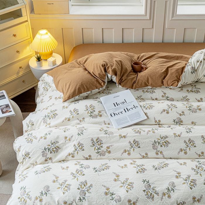 91家纺网 家纺一手货源 找家纺 奇丝雅 2025新款A类有氧超柔云感双层纱皱皱纱学生宿舍三件套家用四件套单被套 山茶花