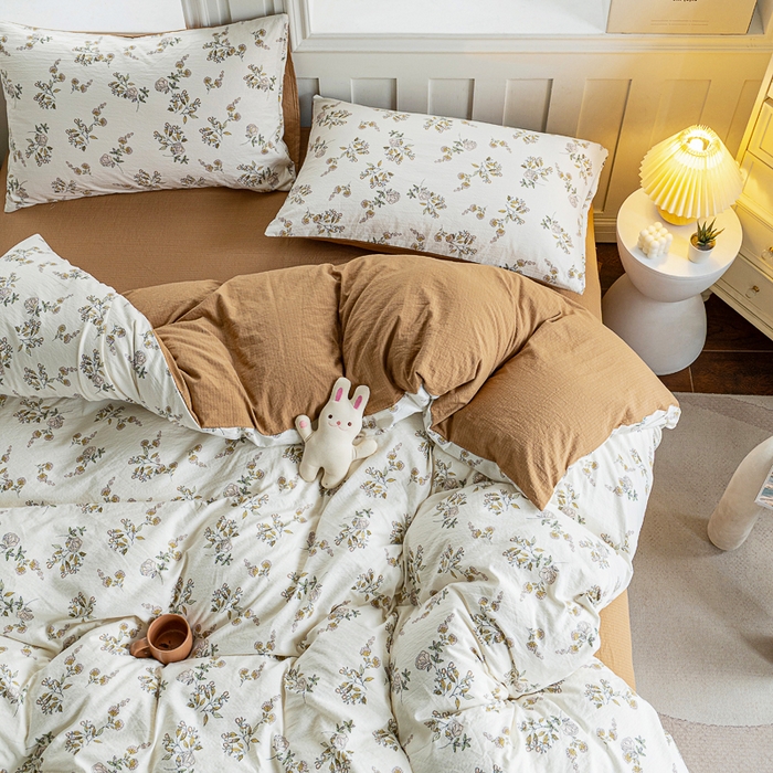 91家纺网 家纺一手货源 找家纺 奇丝雅 2025新款A类有氧超柔云感双层纱皱皱纱学生宿舍三件套家用四件套单被套 山茶花