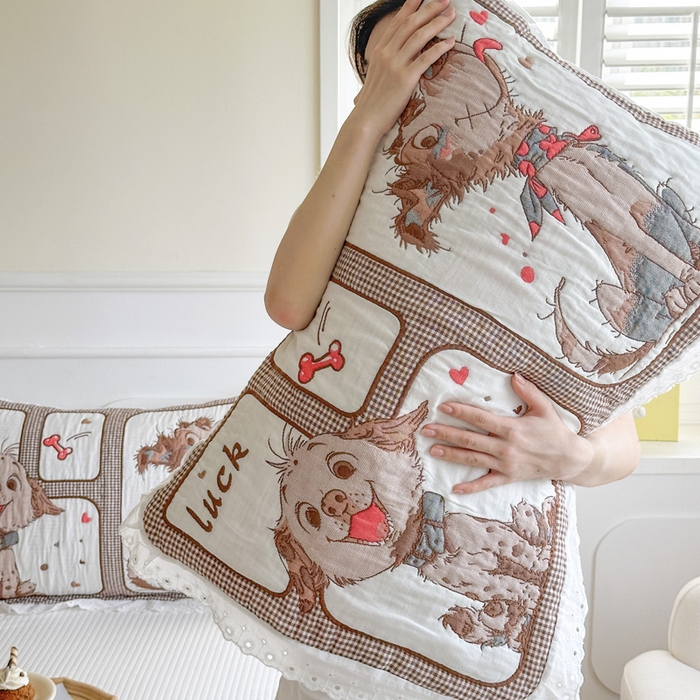 91家纺网 家纺一手货源 找家纺 朴尔家纺-毛巾被 2025新款韩版花边卡通水洗起皱纯棉四层纱布枕巾单枕巾枕巾单件 摩卡狗狗 52x78cm枕巾一对