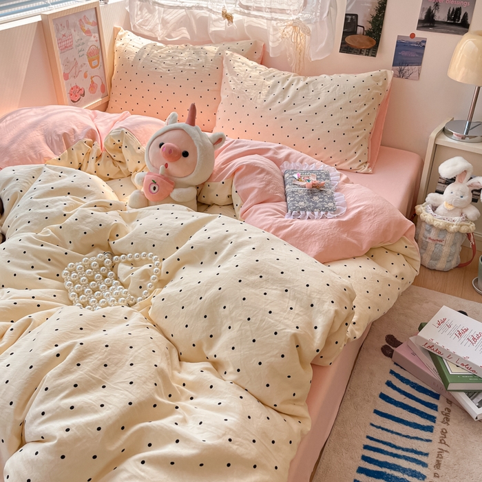 卡迪熊家纺 2025新款水洗双层纱双拼碎花四件套 黑色波点