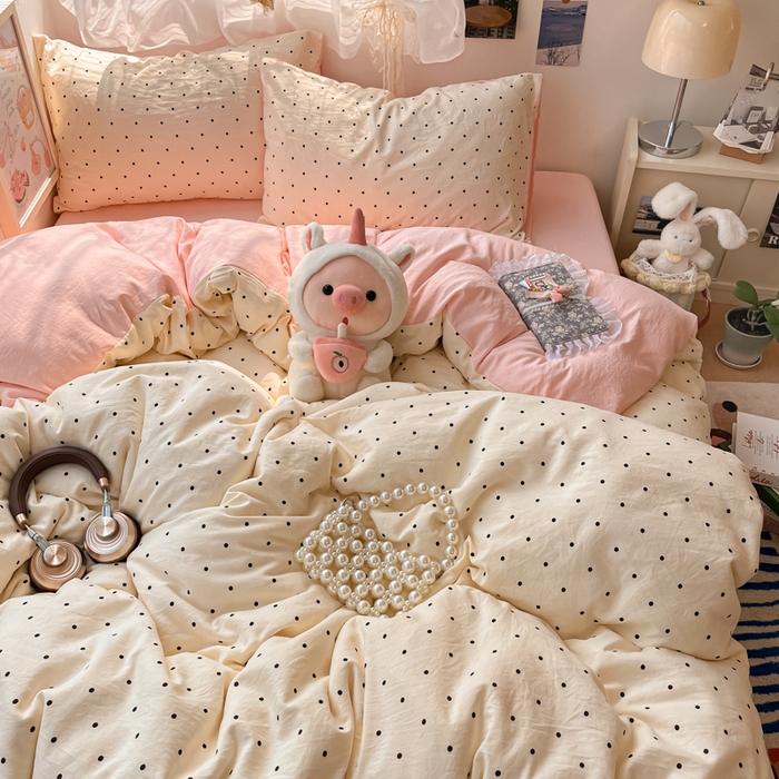 91家纺网 家纺一手货源 找家纺 卡迪熊家纺 2025新款水洗双层纱双拼碎花四件套 黑色波点