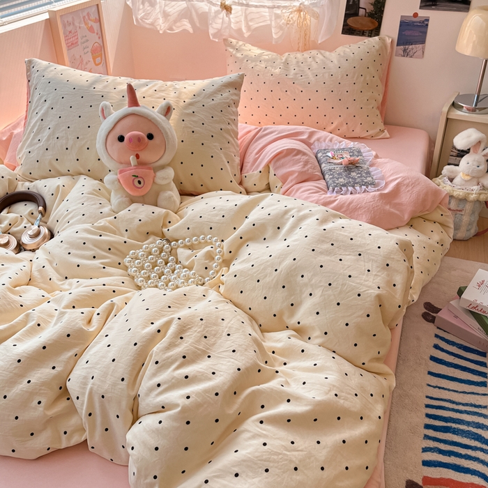 91家纺网 家纺一手货源 找家纺 卡迪熊家纺 2025新款水洗双层纱双拼碎花四件套 黑色波点