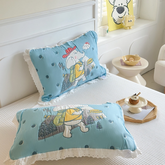 91家纺网 家纺一手货源 找家纺 朴尔家纺-毛巾被 2025新款韩版花边卡通水洗起皱纯棉四层纱布枕巾单枕巾枕巾单件 徒步小象 52x78cm枕巾一对