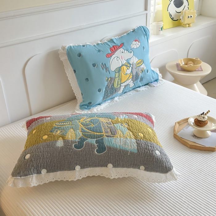 91家纺网 家纺一手货源 找家纺 朴尔家纺-毛巾被 2025新款韩版花边卡通水洗起皱纯棉四层纱布枕巾单枕巾枕巾单件 徒步小象 52x78cm枕巾一对