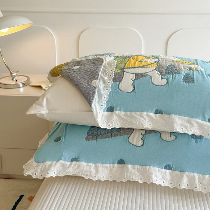 91家纺网 家纺一手货源 找家纺 朴尔家纺-毛巾被 2025新款韩版花边卡通水洗起皱纯棉四层纱布枕巾单枕巾枕巾单件 徒步小象 52x78cm枕巾一对