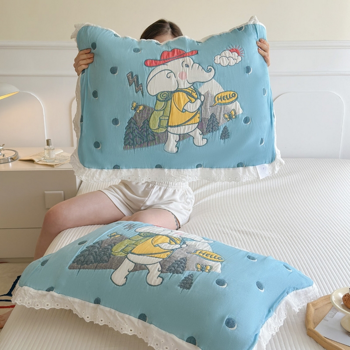 91家纺网 家纺一手货源 找家纺 朴尔家纺-毛巾被 2025新款韩版花边卡通水洗起皱纯棉四层纱布枕巾单枕巾枕巾单件 徒步小象 52x78cm枕巾一对