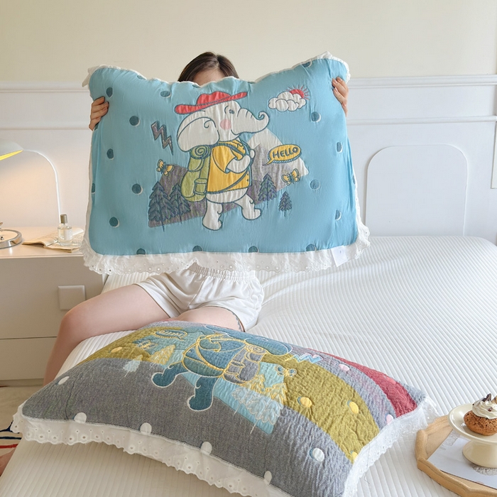 91家纺网 家纺一手货源 找家纺 朴尔家纺-毛巾被 2025新款韩版花边卡通水洗起皱纯棉四层纱布枕巾单枕巾枕巾单件 徒步小象 52x78cm枕巾一对