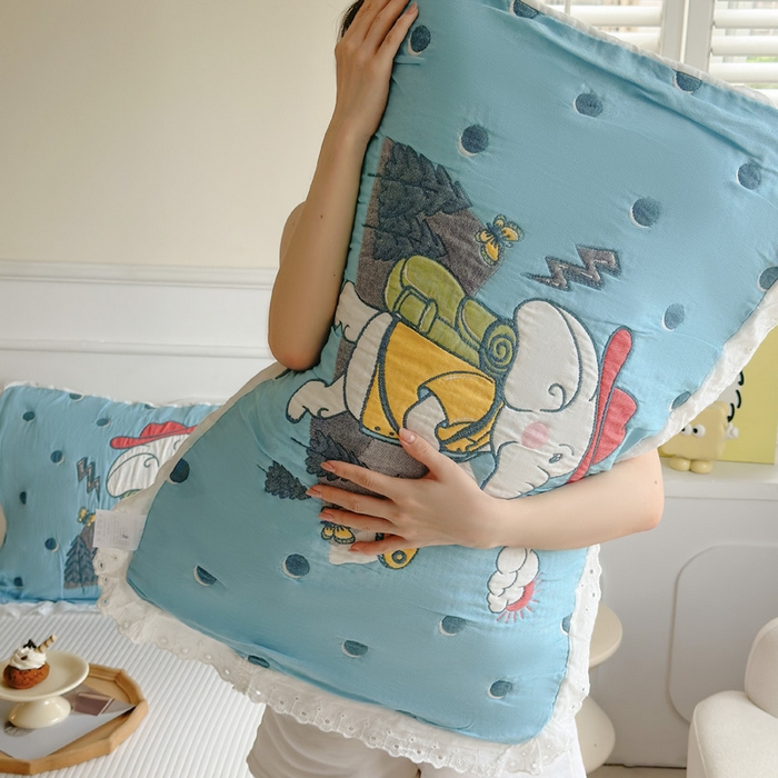 91家纺网 家纺一手货源 找家纺 朴尔家纺-毛巾被 2025新款韩版花边卡通水洗起皱纯棉四层纱布枕巾单枕巾枕巾单件 徒步小象 52x78cm枕巾一对