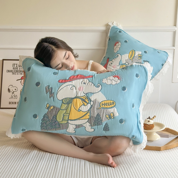 91家纺网 家纺一手货源 找家纺 朴尔家纺-毛巾被 2025新款韩版花边卡通水洗起皱纯棉四层纱布枕巾单枕巾枕巾单件 徒步小象 52x78cm枕巾一对