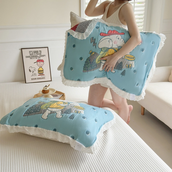 91家纺网 家纺一手货源 找家纺 朴尔家纺-毛巾被 2025新款韩版花边卡通水洗起皱纯棉四层纱布枕巾单枕巾枕巾单件 徒步小象 52x78cm枕巾一对