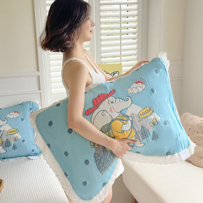 91家纺网 家纺一手货源 找家纺 朴尔家纺-毛巾被 2025新款韩版花边卡通水洗起皱纯棉四层纱布枕巾单枕巾枕巾单件 徒步小象 52x78cm枕巾一对