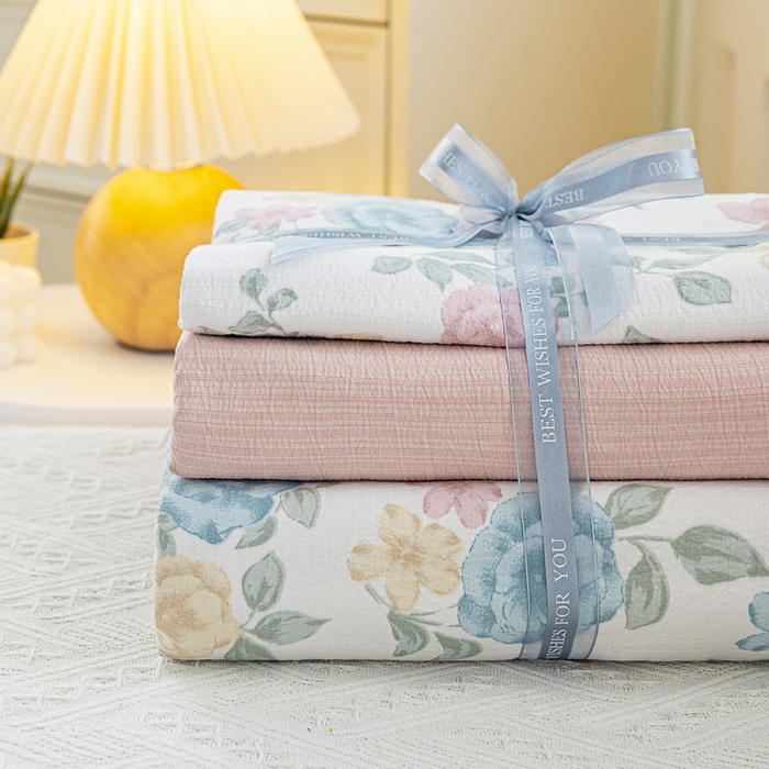 91家纺网 家纺一手货源 找家纺 奇丝雅 2025新款A类有氧超柔云感双层纱皱皱纱学生宿舍三件套家用四件套单被套 玉芷