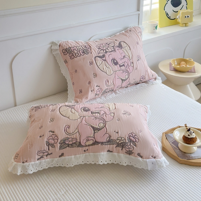 91家纺网 家纺一手货源 找家纺 朴尔家纺-毛巾被 2025新款韩版花边卡通水洗起皱纯棉四层纱布枕巾单枕巾枕巾单件 夏日至甜 52x78cm枕巾一对