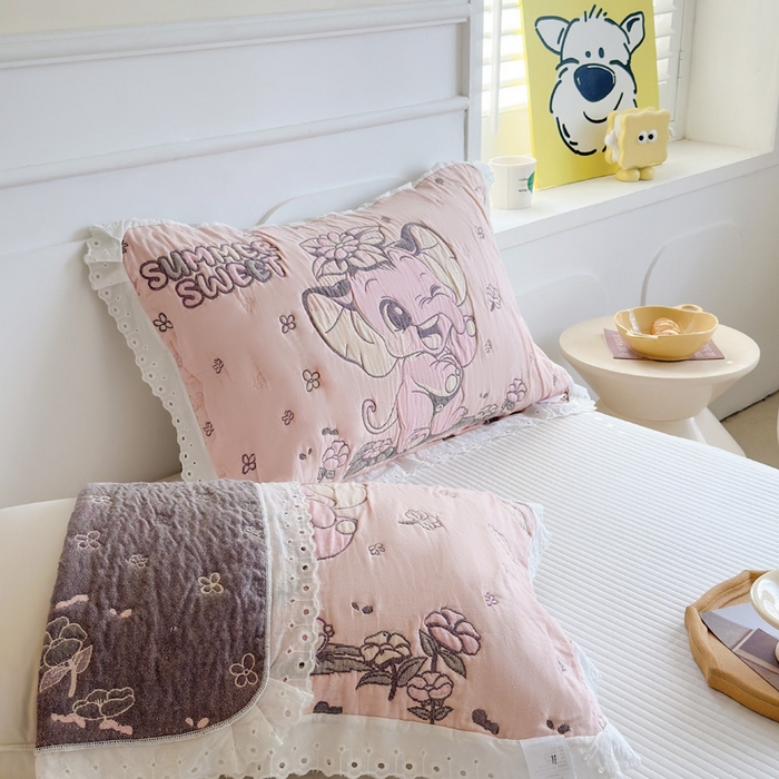 91家纺网 家纺一手货源 找家纺 朴尔家纺-毛巾被 2025新款韩版花边卡通水洗起皱纯棉四层纱布枕巾单枕巾枕巾单件 夏日至甜 52x78cm枕巾一对