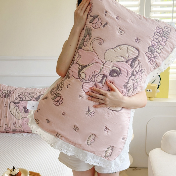 91家纺网 家纺一手货源 找家纺 朴尔家纺-毛巾被 2025新款韩版花边卡通水洗起皱纯棉四层纱布枕巾单枕巾枕巾单件 夏日至甜 52x78cm枕巾一对